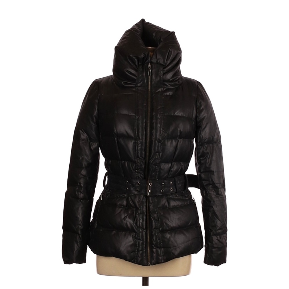 Zara Black Belted Puffer Jacket Hooded Down Coat Women M Fitted
